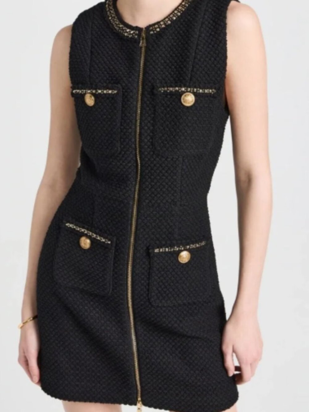 Alice + Olivia Lachlan Black Gold Tweed Zip Front Chain Trim Mini Dress Size 4